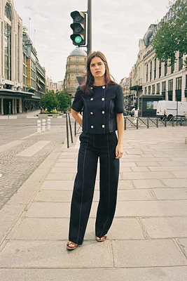 STRAIGHT FIT LINEN PANTS WITH TOPSTITCHING