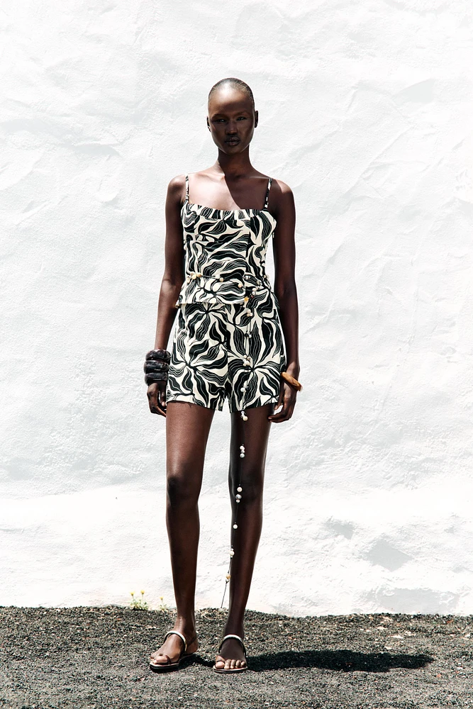 BERMUDA IMPRIMÉ TAILLE HAUTE AVEC LIN