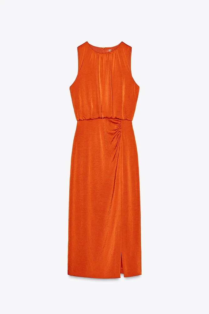 RUCHED SATIN EFFECT MIDI DRESS