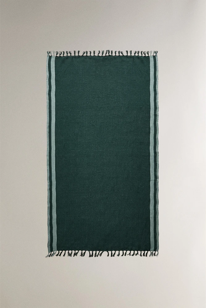 STRIPED LINEN BEACH WRAP TOWEL WITH FRINGING