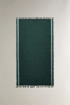 STRIPED LINEN BEACH WRAP TOWEL WITH FRINGING