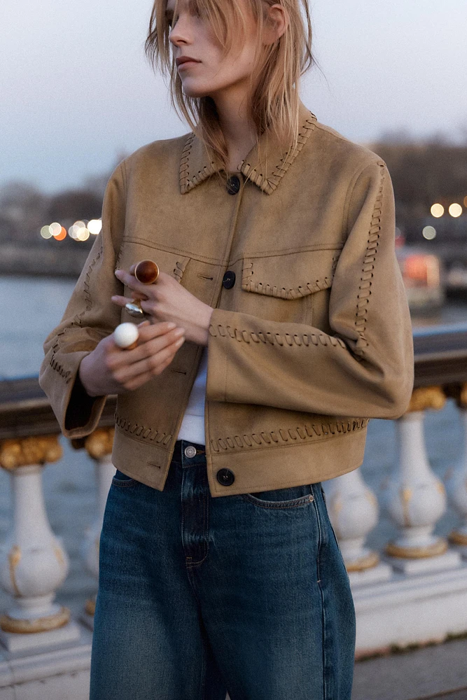 BRAIDED DETAIL FAUX SUEDE JACKET