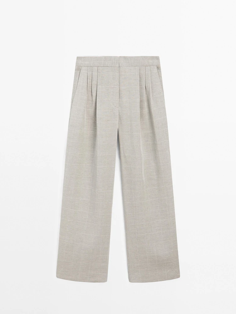 Linen blend check print trousers