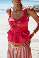 KNOTTED LINEN PEPLUM TOP