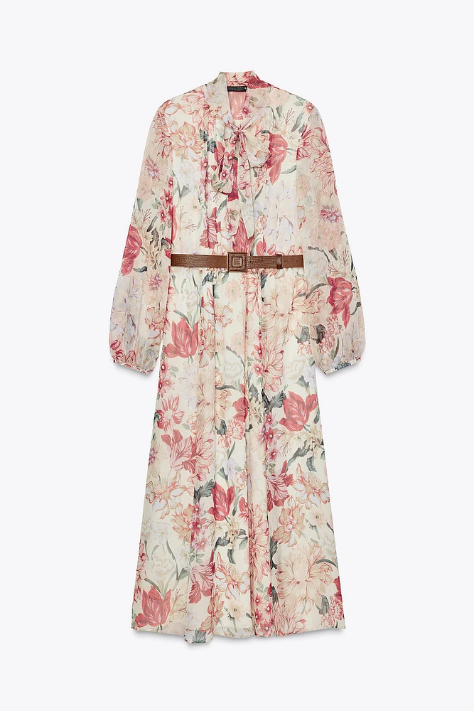 BELTED FLORAL PRINT MIDI DRESS