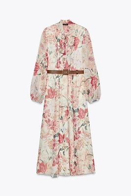 ROBE MI-LONGUE À IMPRIMÉ FLEURI AVEC CEINTURE