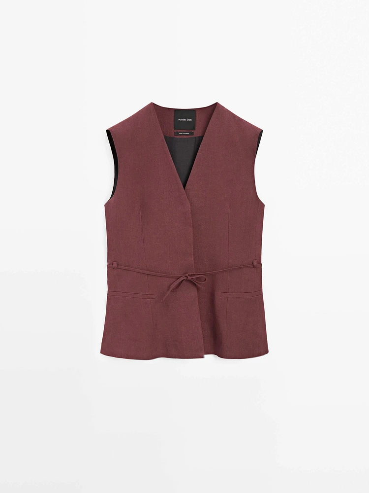 Veste longue sans manches rubans 100 % lin