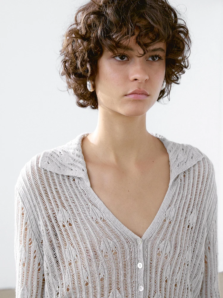 Cardigan en maille ajourée à col polo