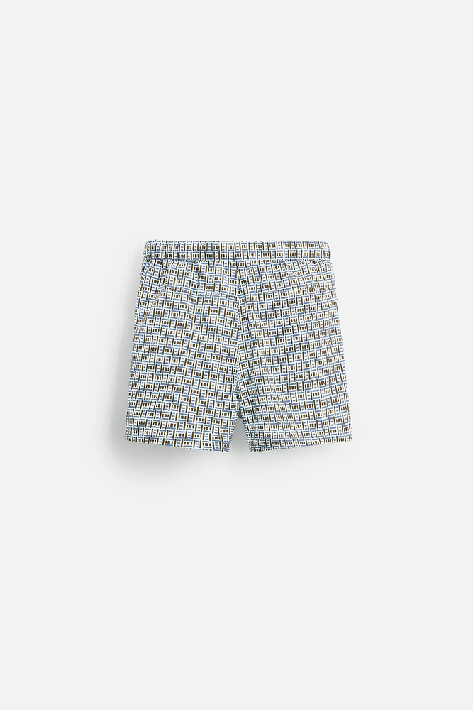 REGULAR FIT GEOMETRIC PRINT SWIM TRUNKS