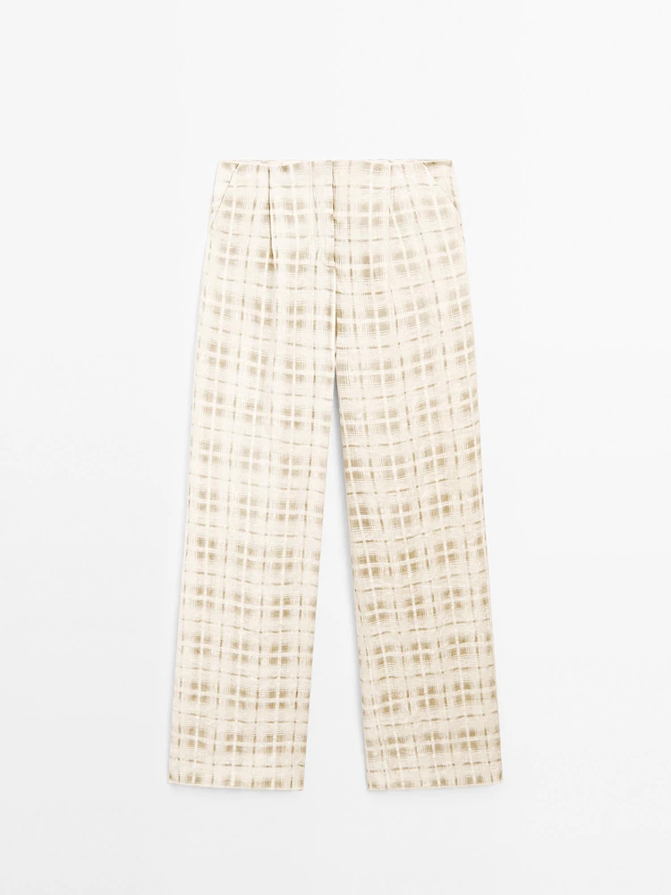 Flowing linen blend check trousers