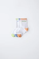 LOT DE TROIS PAIRES CHAUSSETTES RAYURES ET INSCRIPTION