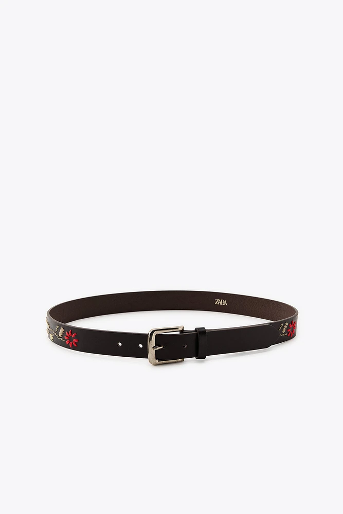 LEATHER BELT WITH FLORAL EMBROIDERY