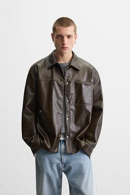 WASHED FAUX LEATHER OVERSHIRT