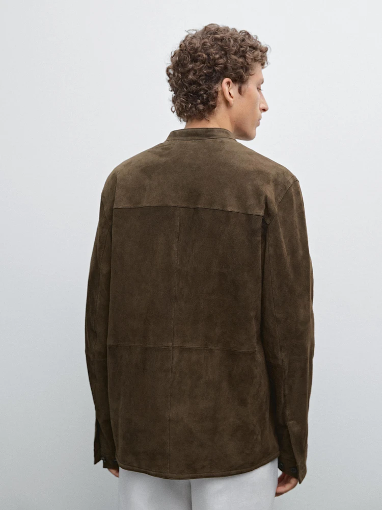 Suede leather stand collar shirt