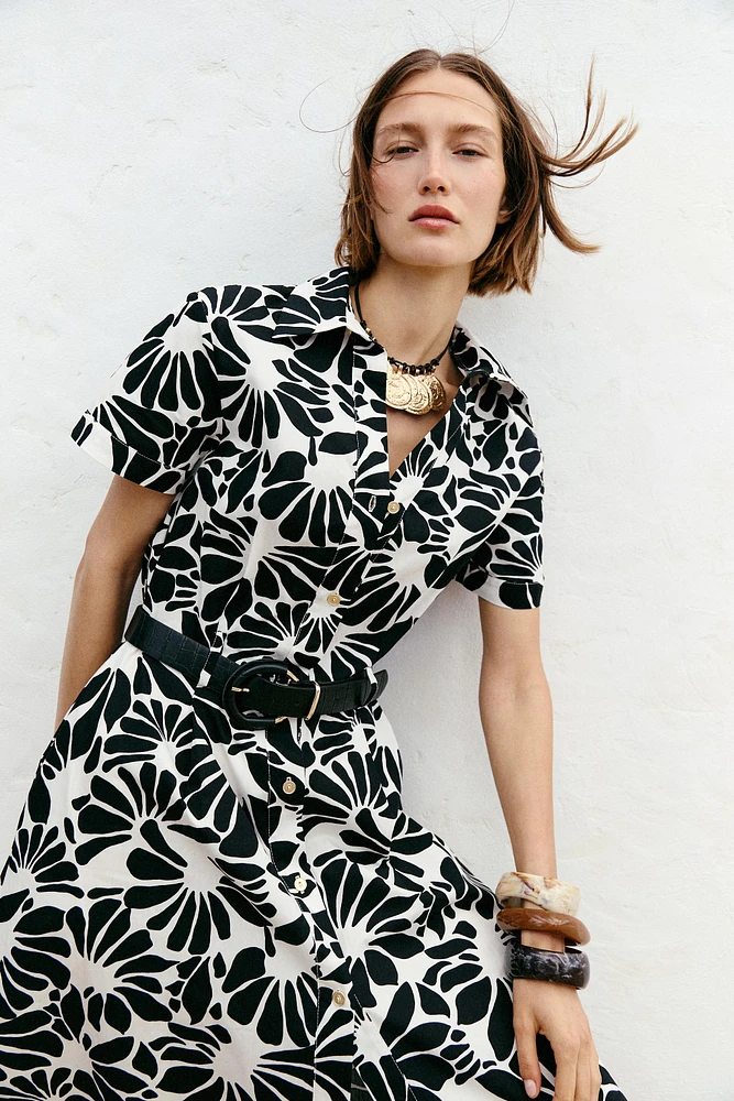ROBE MIDI EN POPELINE IMPRIMÉE CEINTURE