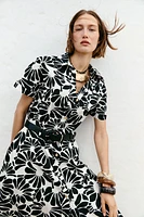 ROBE MIDI EN POPELINE IMPRIMÉE CEINTURE