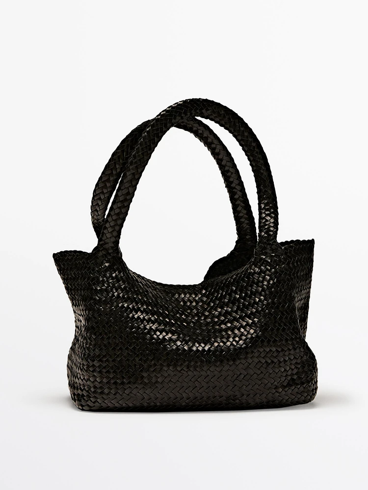 Sac mi-tote tressé en cuir nappa