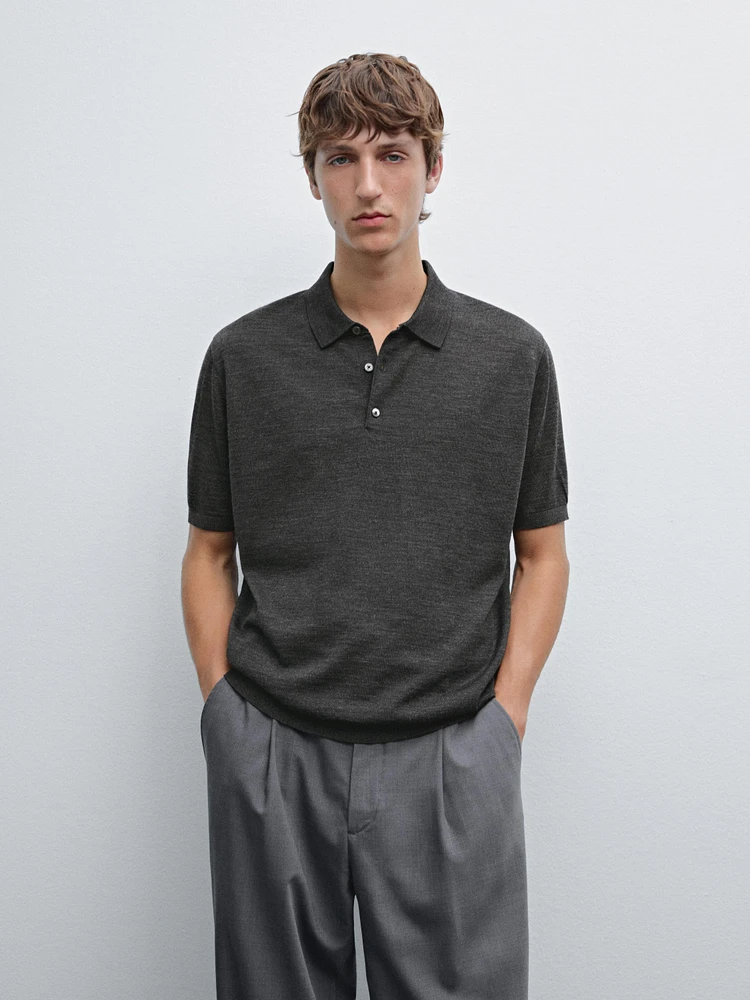 Short sleeve wool blend knit polo shirt