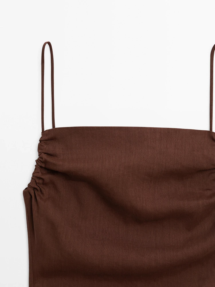 Robe midi froncée en lin mélangé