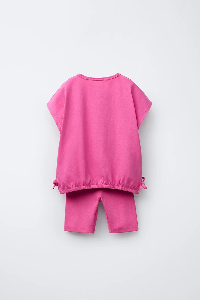BOW T-SHIRT AND RIBBED BIKER LEGGINGS JOGGING SET