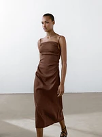 Robe midi froncée en lin mélangé