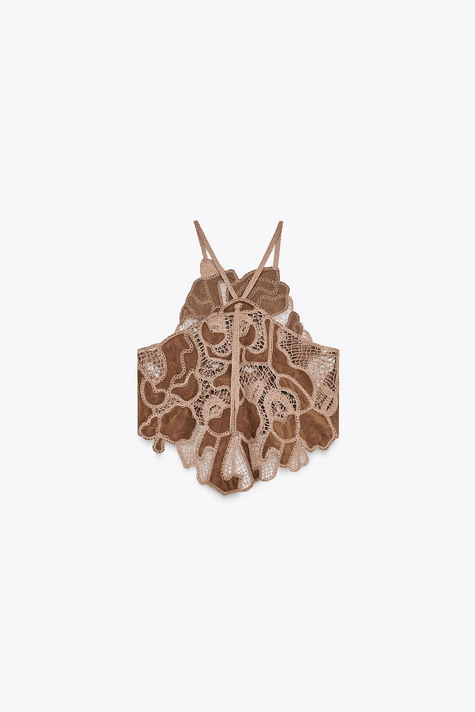FAUX SUEDE CROCHET TOP