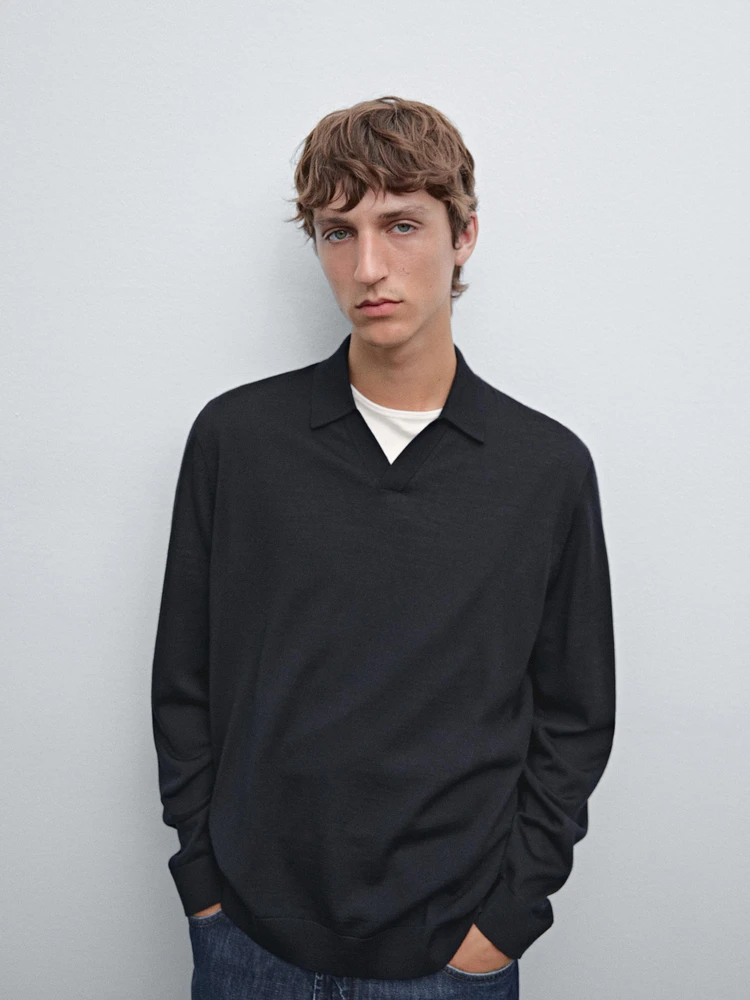 Pull polo en maille 100 % laine mérinos