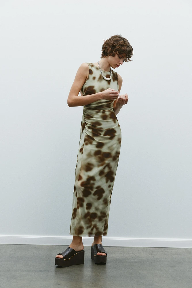 DRAPED PRINTED MIDI DRESS