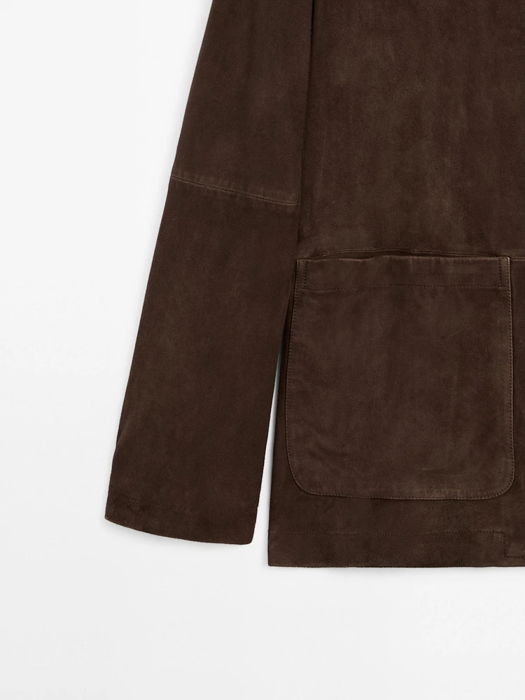 Veste à col mao en cuir finition daim
