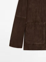 Veste à col mao en cuir finition daim