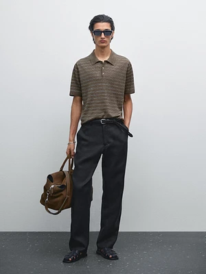 100% linen striped knit polo shirt