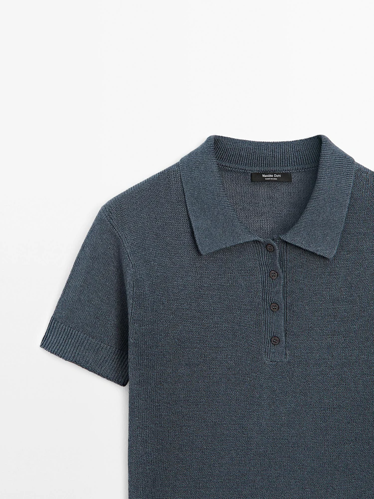 Linen blend cutwork polo sweater