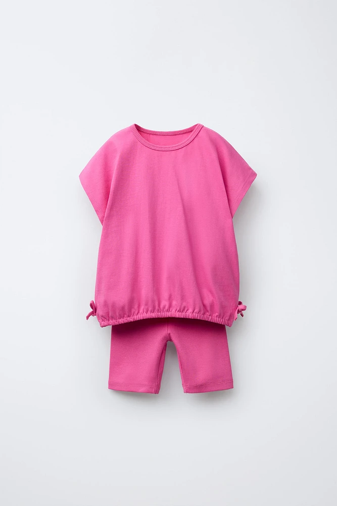 BOW T-SHIRT AND RIBBED BIKER LEGGINGS JOGGING SET