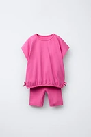 BOW T-SHIRT AND RIBBED BIKER LEGGINGS JOGGING SET