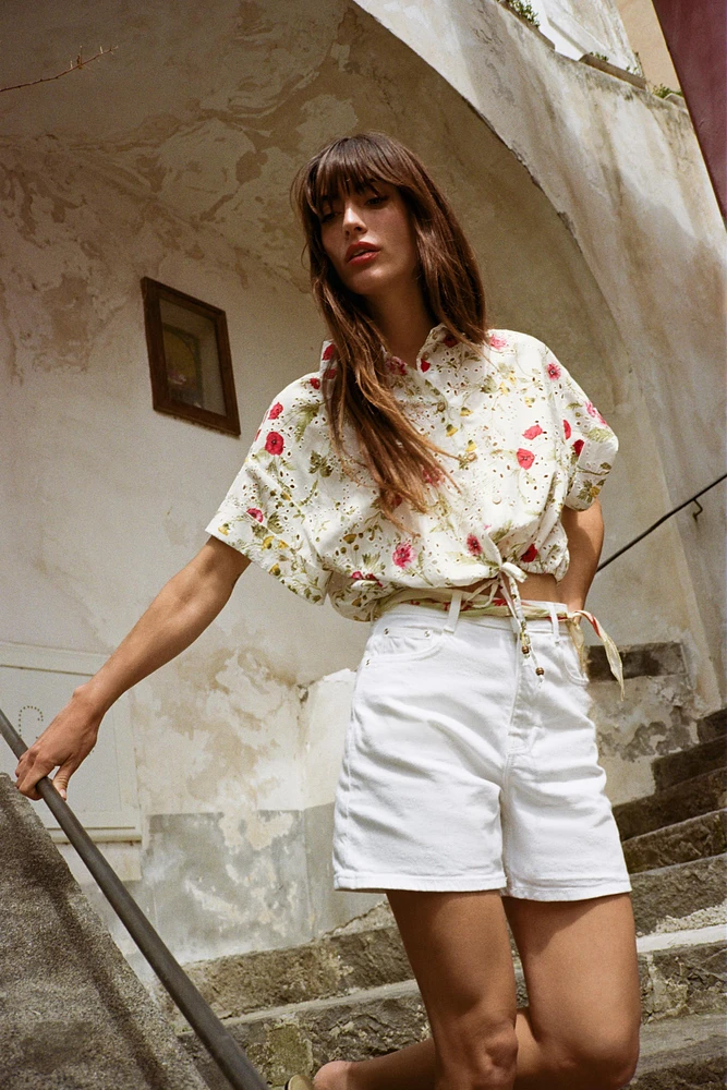 PRINTED SHIRT WITH EYELET EMBROIDERY