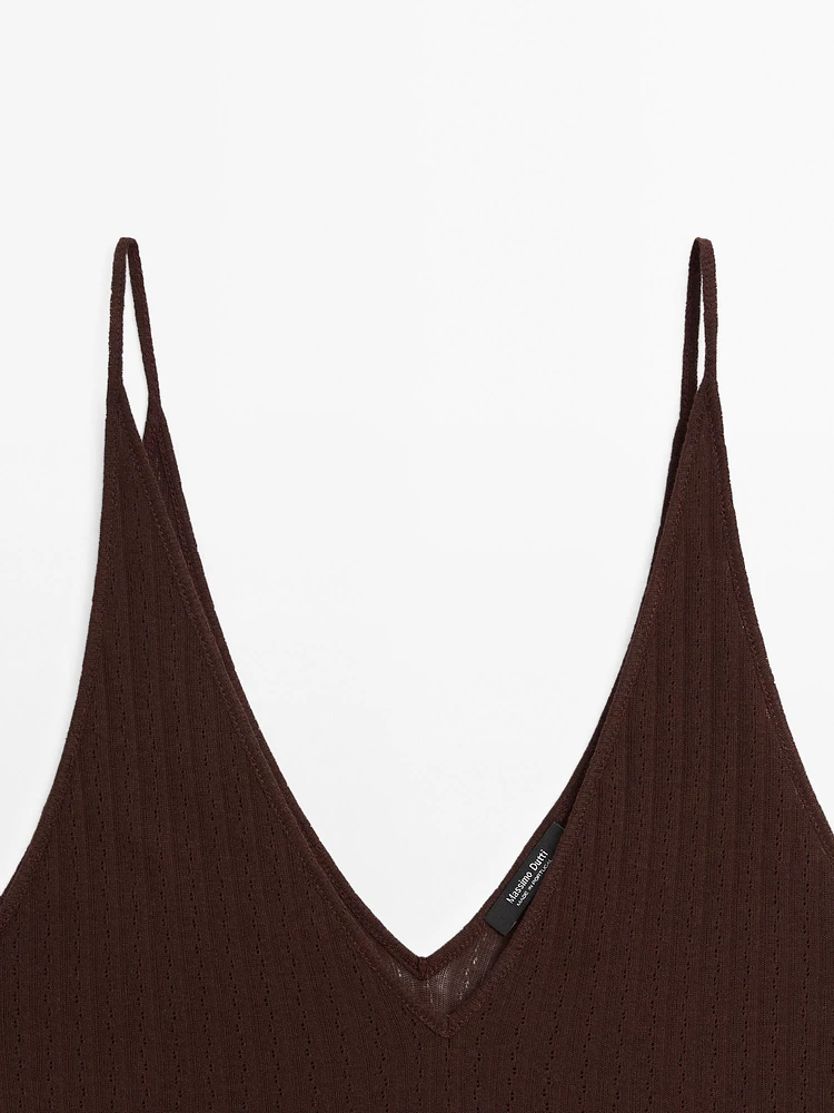 Openwork cotton blend strappy top