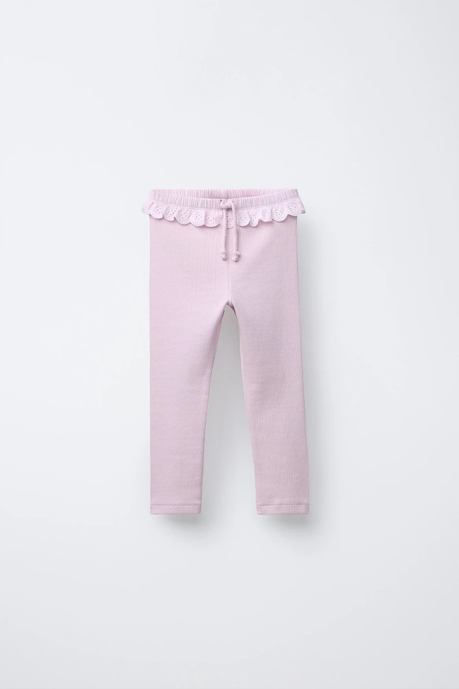 SWISS EMBROIDERED RUFFLE RIBBED LEGGINGS