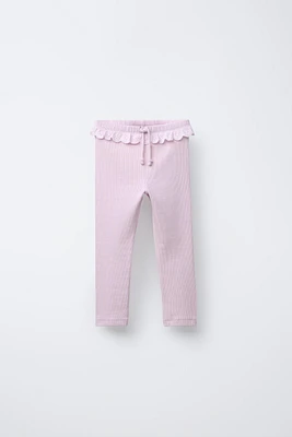 SWISS EMBROIDERED RUFFLE RIBBED LEGGINGS
