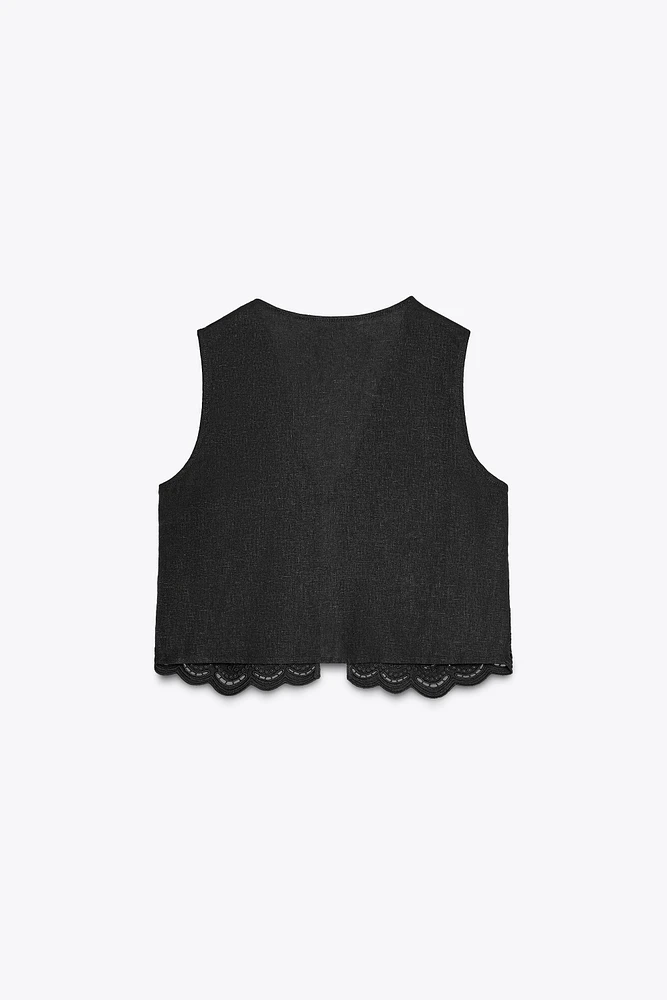 LINEN VEST WITH PERFORATED EMBROIDERY