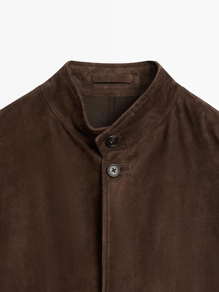 Veste à col mao en cuir finition daim