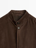 Veste à col mao en cuir finition daim