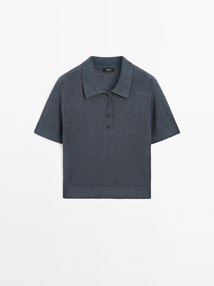Linen blend cutwork polo sweater