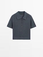 Linen blend cutwork polo sweater