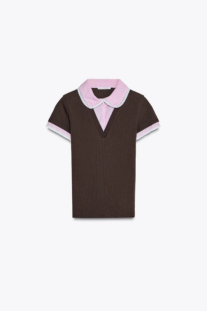 RIBBED PETER PAN COLLAR TOP