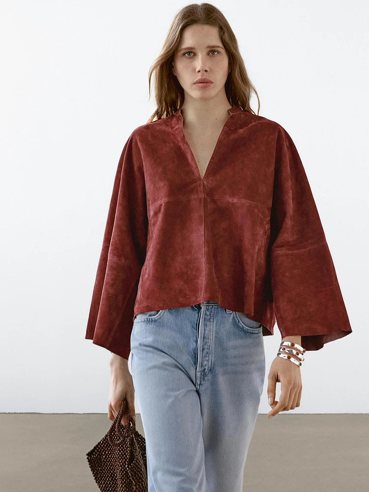 Chemise large en cuir et daim