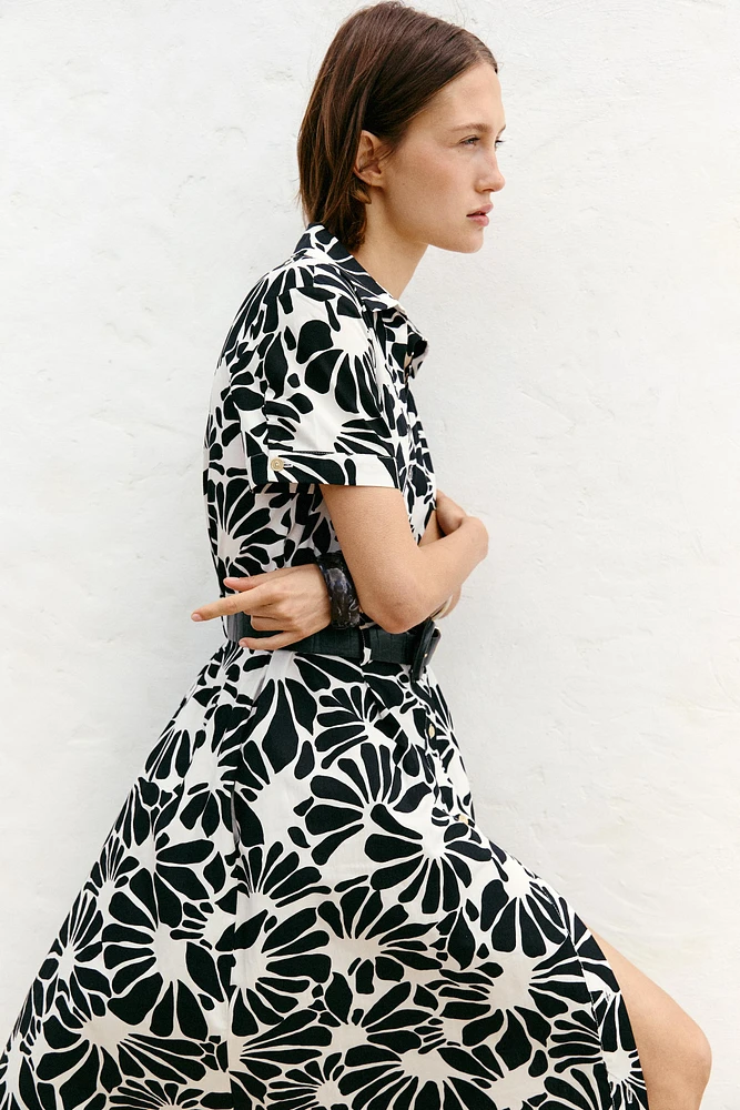 ROBE MIDI EN POPELINE IMPRIMÉE CEINTURE