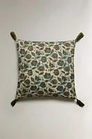 FLORAL THROW PILLOW COVER WITH POMPOMS