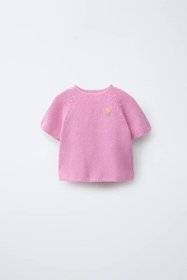 EMBROIDERED PATCH SHORT SLEEVE SWEATER