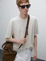 Linen blend contrast knit T-shirt