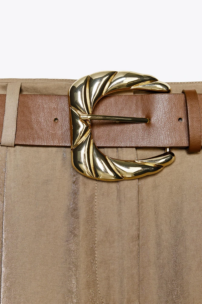 BELTED SATIN WIDE LEG PANTS